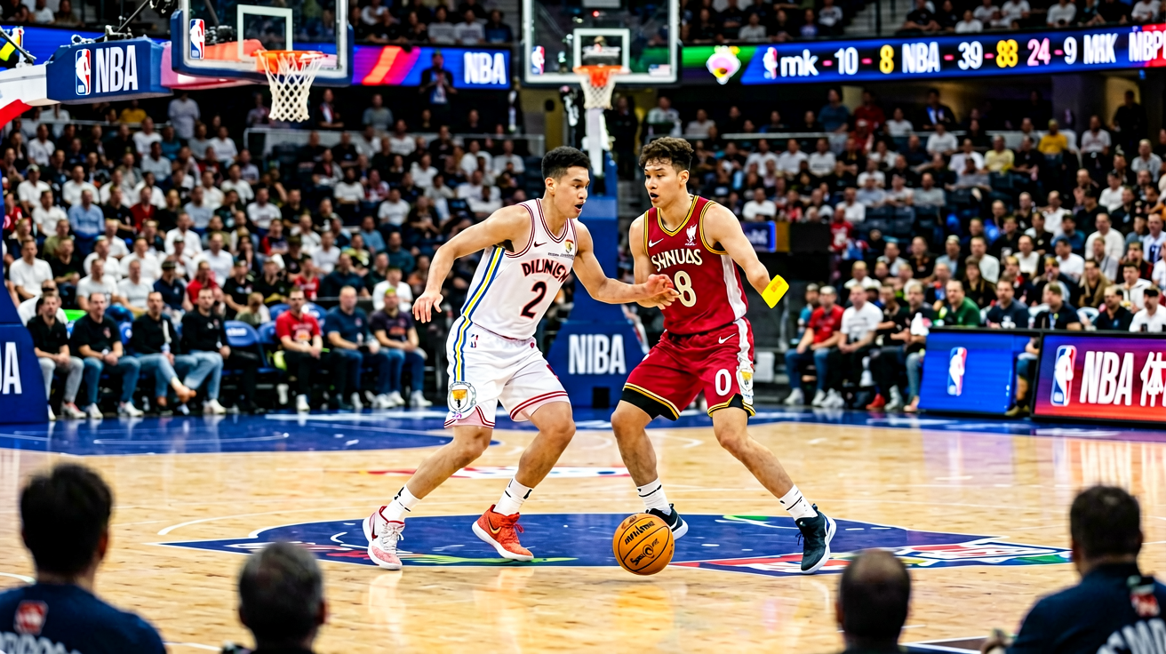 NBA篮球比赛现场，球员在球场上激烈对抗