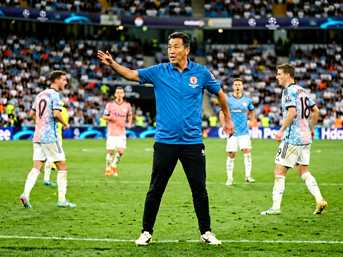 足球教练在场边指挥战术，球员在场上进行战术演练